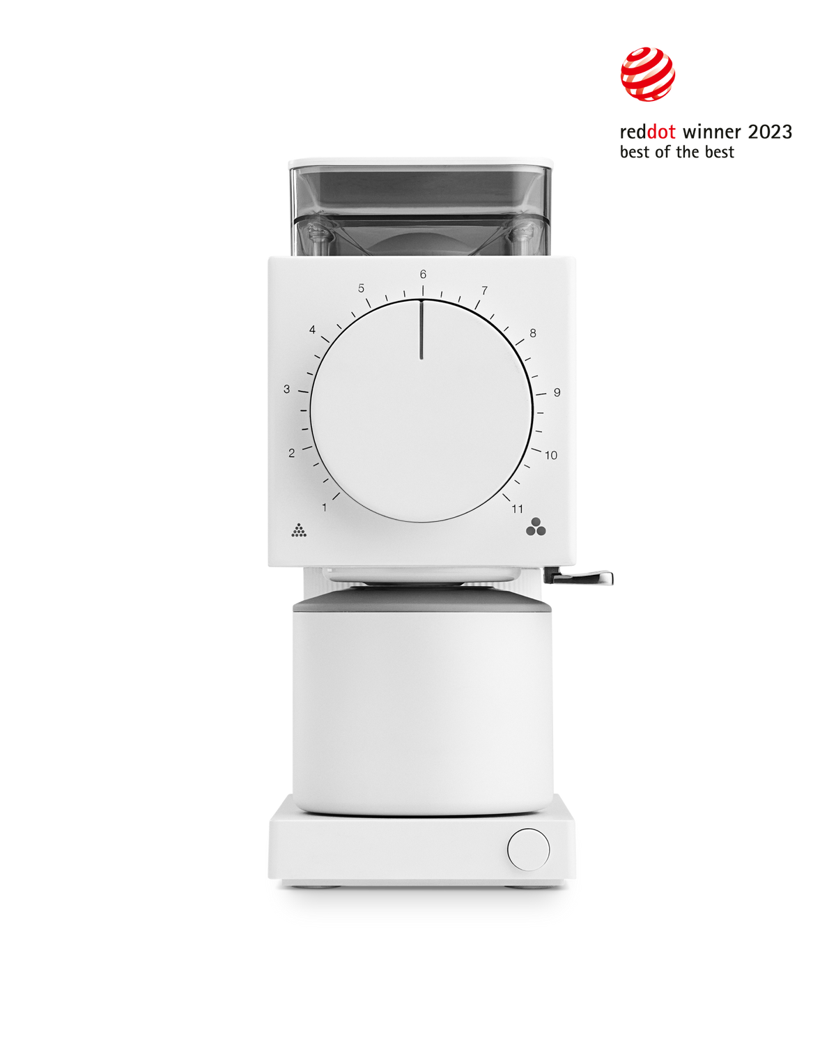 Fellow Ode Brew Grinder Gen 2 in matte white with its grounds bin and dial