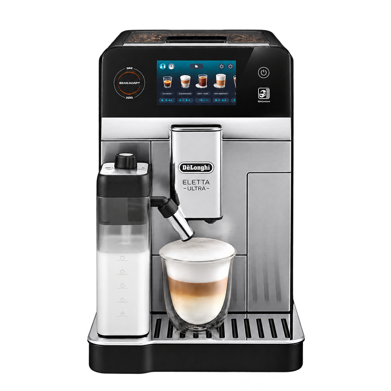 De’Longhi Eletta Ultra ECAM472.85.MB bean-to-cup coffee machine with touchscreen and LatteCrema milk carafe
