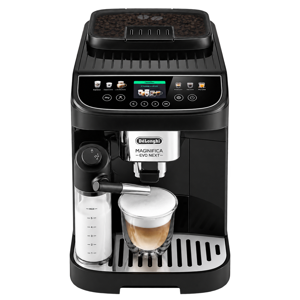 Black De’Longhi Magnifica Evo Next automatic coffee machine with touchscreen and LatteCrema milk carafe