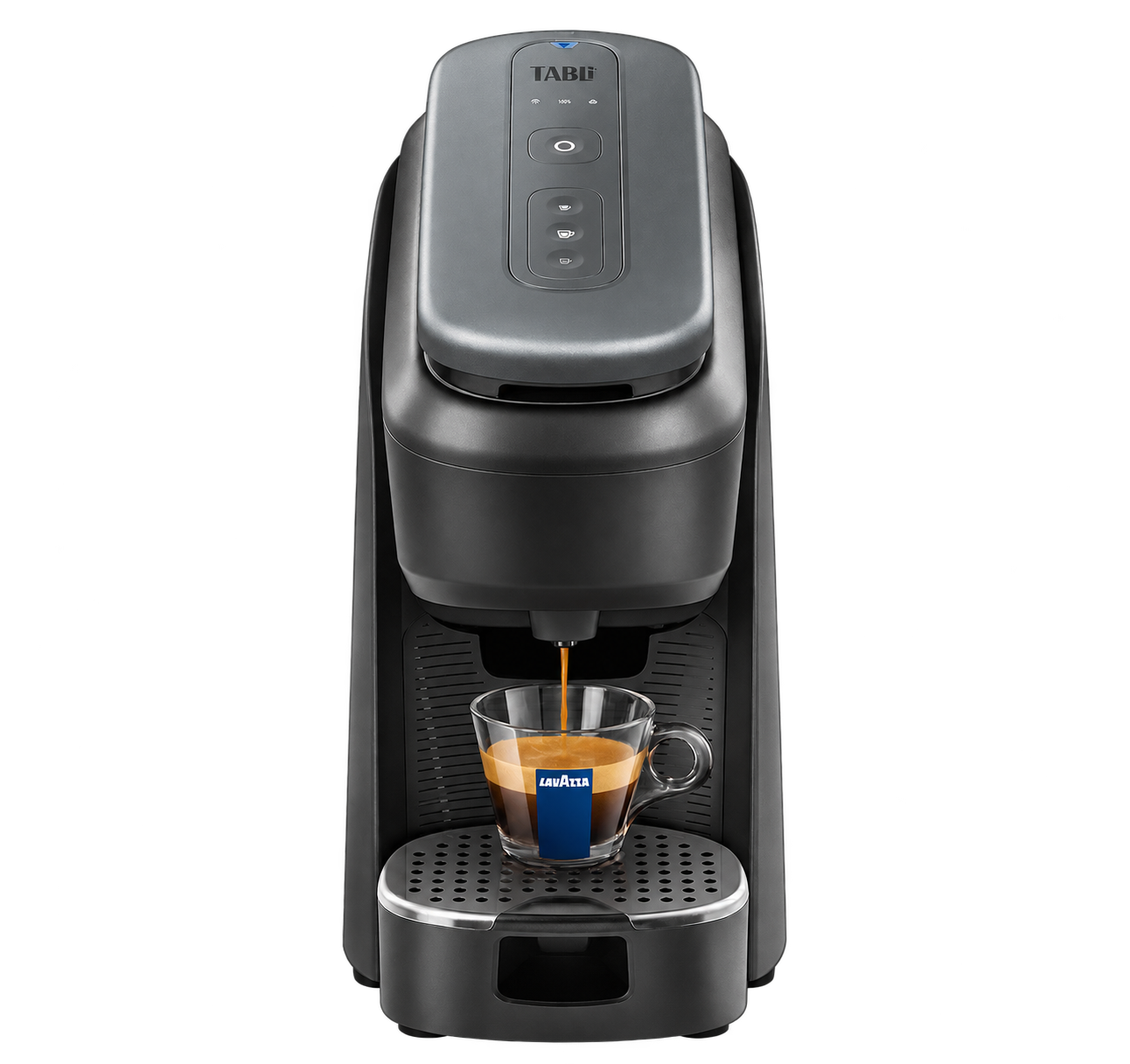 Lavazza Tablì Graphite Black LT900 single-serve coffee machine with top status indicators and cup