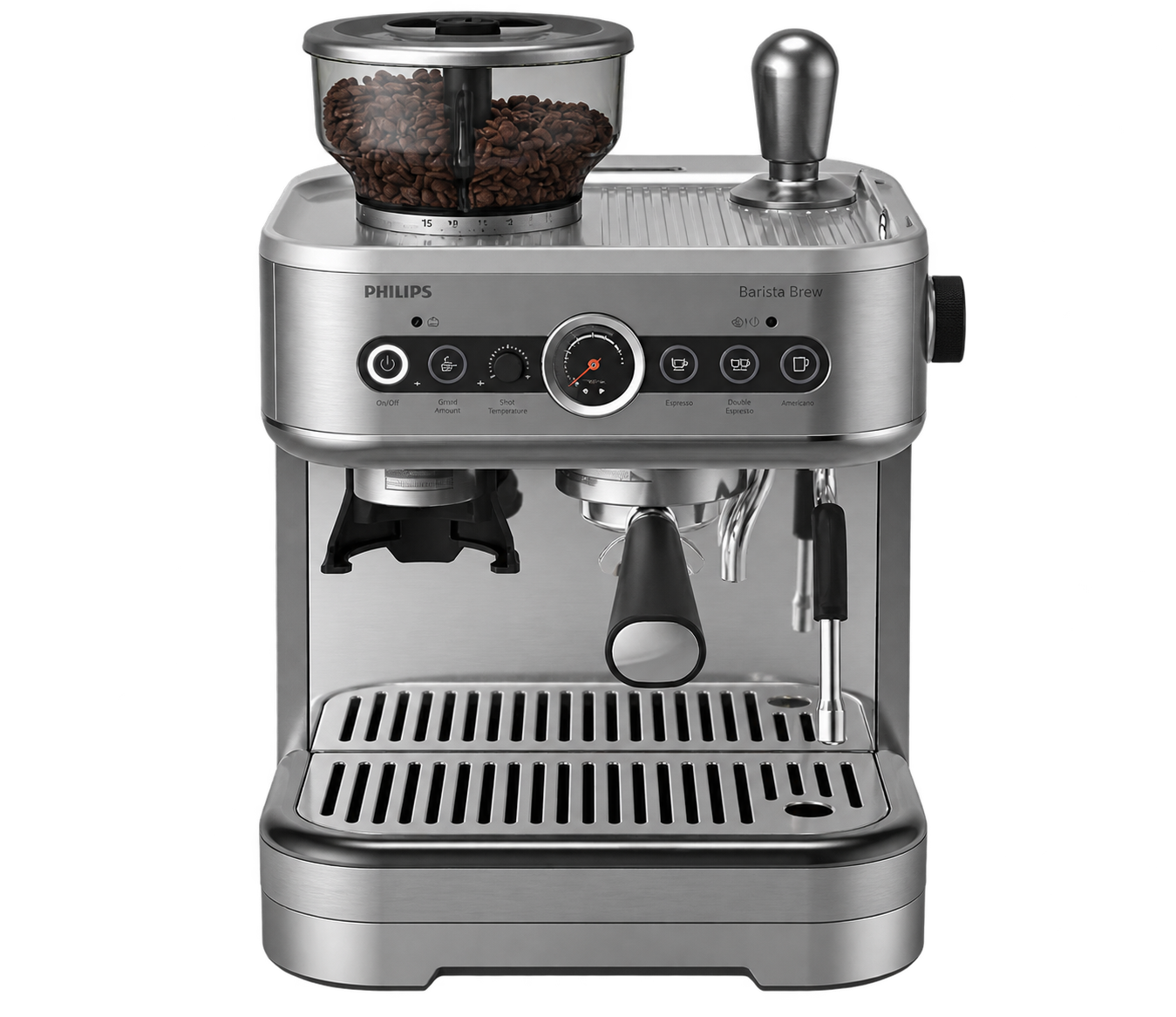 Philips Barista Brew PSA3228/01 espresso machine with grinder, pressure gauge, and steam wand